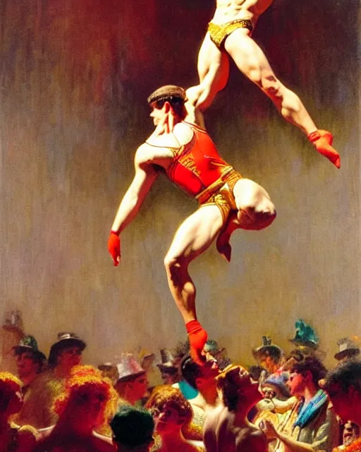 Prompt: attractive male acrobat performing trips from the highwire in the center ring of a three ring circus, the crowd looks on in excitement, spotlight on the acrobat, bright colors, painting by gaston bussiere, craig mullins, j. c. leyendecker