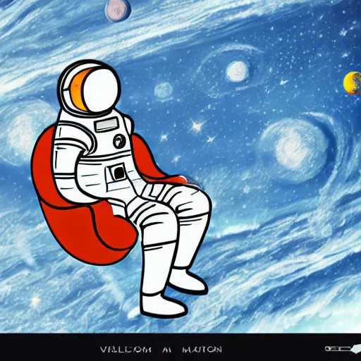 Prompt: Medium shot of a futuristic astronaut relaxing in space, digital art, cartoon art, minimalistic, illustration, line art, modern art,