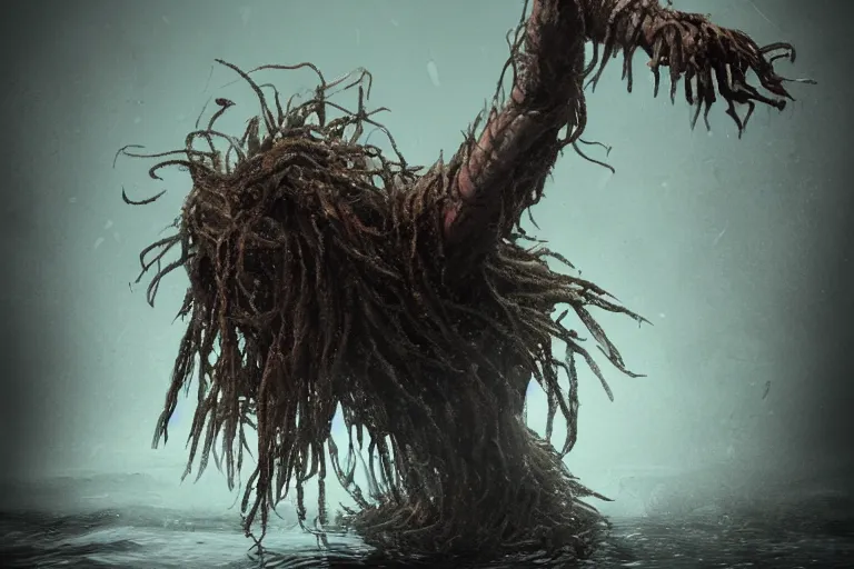 Prompt: a creepy monster crawling out of the water, seaweed haning from its arms, very long arms, very long fingers, standing in shallow water, drowned, unsettling, creepy, artstation, cgsociety