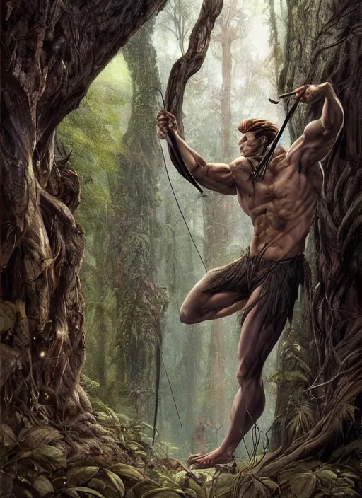 Image similar to A beautiful digital painting of tarzan in the mirkwood forrest holding a bow and arrow looking at the camera by Stanley Artgerm Lau, frank frazetta, Rossdraws, James Jean, gerald brom, Andrei Riabovitchev, Marc Simonetti, and Sakimichan, trending on artstation