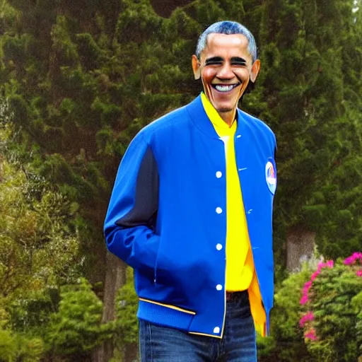 Image similar to realistic photo of casual barack obama wearing a royal blue varsity jacket with yellow sleeves