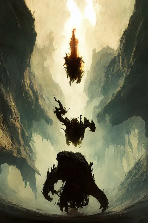 Image similar to looking up at a balrog in a vast cavern, intricate, elegant, highly detailed, john park, frazetta, sparth, ruan jia, jeffrey catherine jones