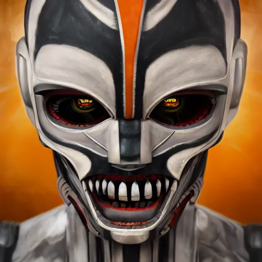 Prompt: a hyper realistic digital paintig of robot tribal masks, very detailed, matte painting, trending on artstation, realistic,