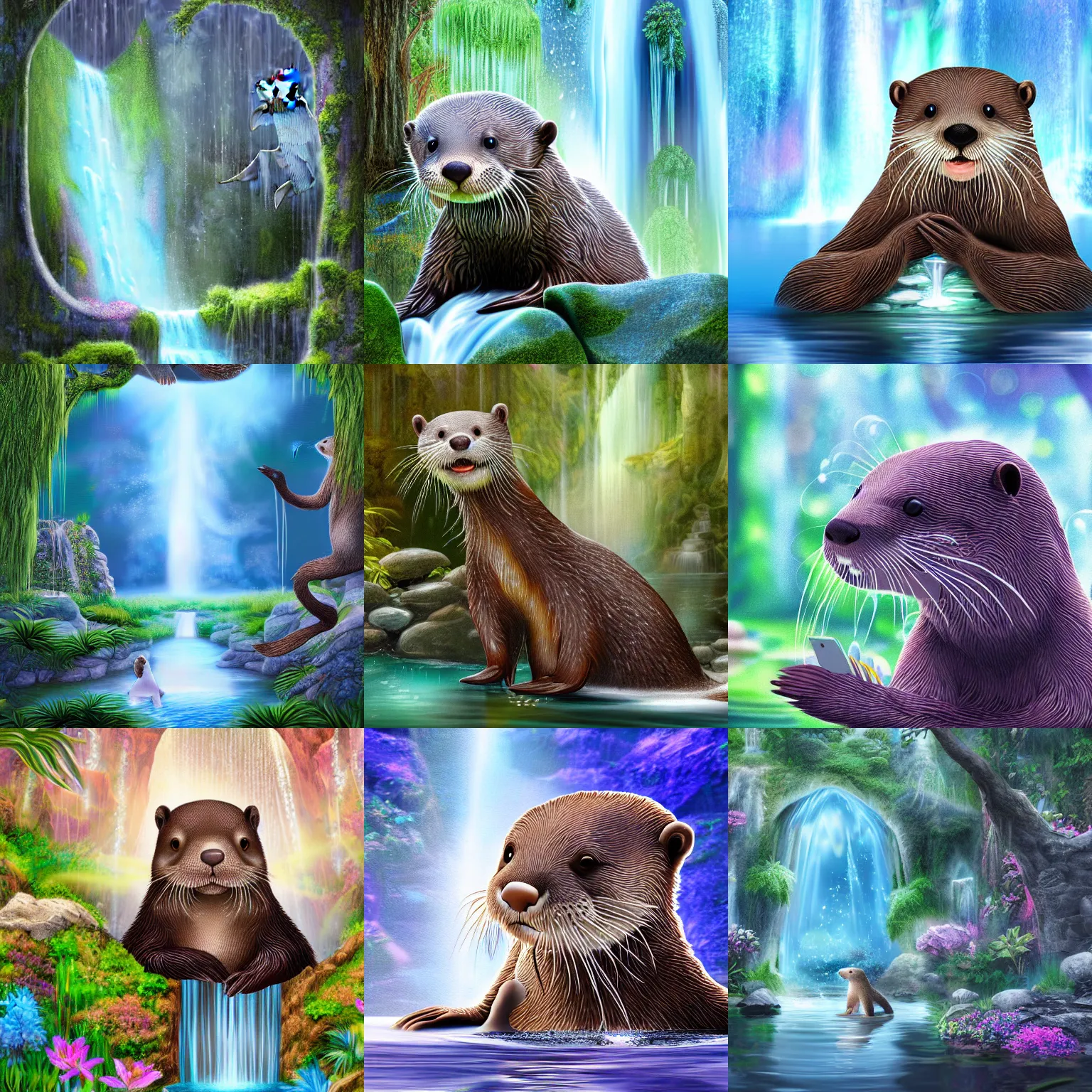 Prompt: A cute otter playing in front of a huge ethereal waterfall, advanced digital art, intricate details, 8k