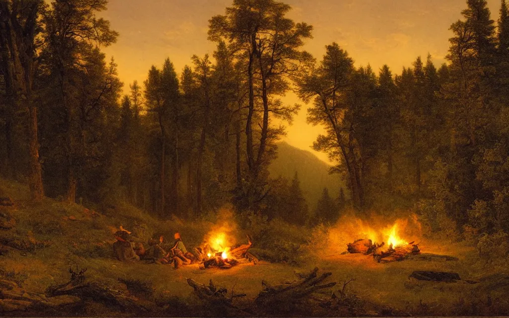 Image similar to campfire on the edge of a forest overlooking a beautiful valley at dusk, cinematic lighting, intricate ink illustration, by albert bierstadt