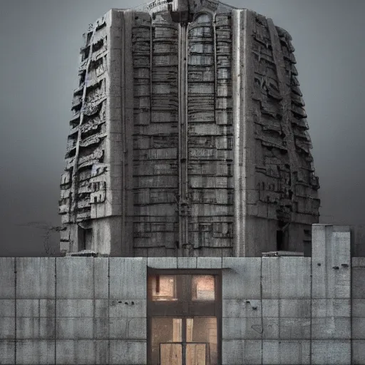 Image similar to sci - fi concrete brutalism symbolism building, beksinski, giger, simon stalenhag, photoreal, highly detailed, 8 k, hd, vray, artstation