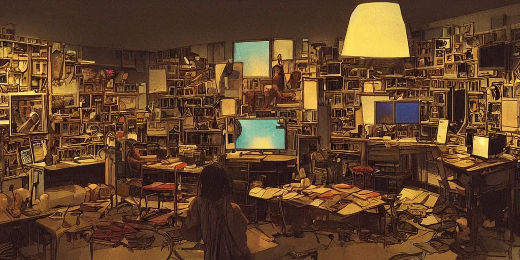 Prompt: writer's room, many screens, incredibly creative atmosphere, cameras, cinema, cinematic illustration by moebius, masterpiece