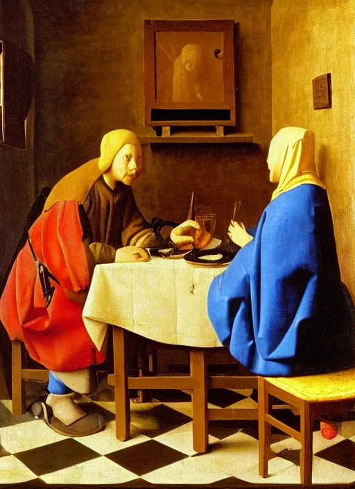 Image similar to Young man at the table with young pretty blonde girl at the crowded inn. Medieval painting by Jan van Eyck, Johannes Vermeer, Florence