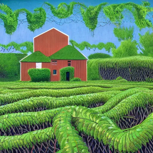 Prompt: kudzu vines wrapping around an old farmhouse, American west, surrealism