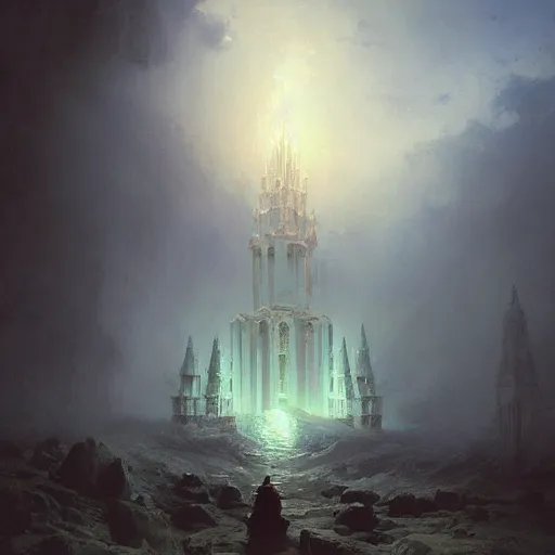 Prompt: a beautiful painting of a dark souls buildings by ivan aivazovsky and rhads and greg rutkowski and james gurney, in style of digital art, large crystal pillar, magic, mystic, hyper detailed, sharp focus, soft light. octane render. ray tracing. trending on artstation