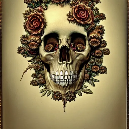 Image similar to a beautiful detailed front view rococo portrait of a rotten woman corpse becoming almost a skull with fractal plants and fractal flowers and mushrooms growing around, intricate, ornate, volumetric light, beautiful lit, polaroid photography, the northman