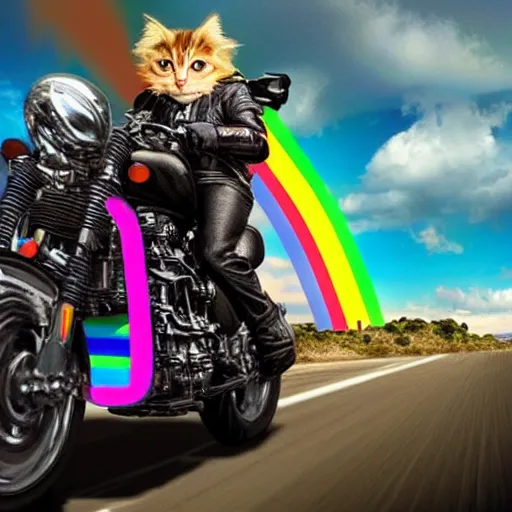 Image similar to wide angle full body, jacket wearing fluffy cute rainbow kitten wearing a black leather motorcycle jacket, riding on a motorcycle, cinematic concept art