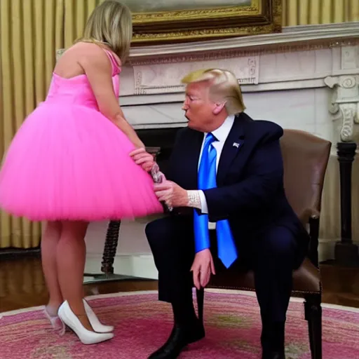 Prompt: Donald trump in a pink tutu, kissing Joe Biden, hyper realistic, 4k, 8k, White House, kissing