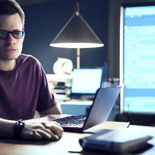 Image similar to A programmer expertly wrangling code late at night, intensely focused, coffee on his desk, highly detailed, sharp focus, cinematic lighting, dramatic still from Mr Robot