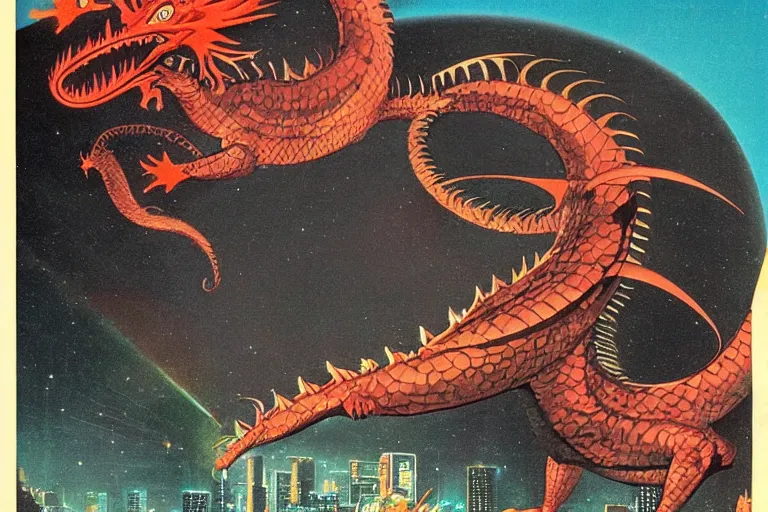 Prompt: 1979 OMNI Magazine Cover of a dragon smiling at the camera in neo-tokyo style by Vincent Di Fate