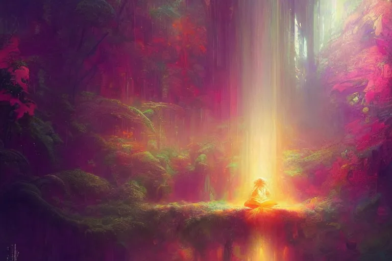 Image similar to a psychedelic realm hidden away in a pocket of ethereal understanding, astral beings sharing love greg rutkowski wlop lisa frank bob ross, ruan jia, illustration