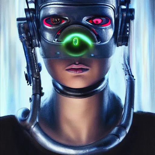 Image similar to hyperrealism oil painting portrait of cyberpunk cyborg fashion model with glowing eyes