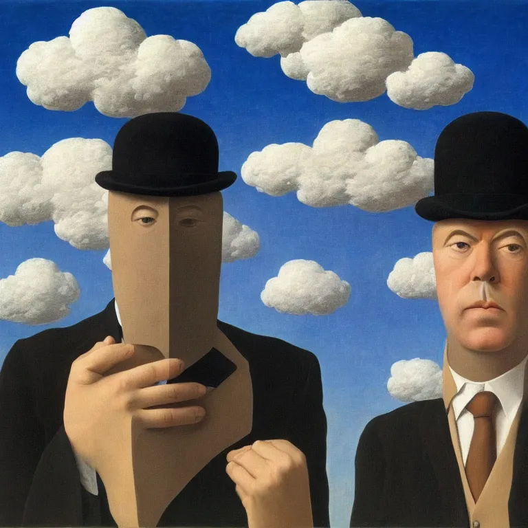 Image similar to portrait of a man whos head is hidden with a cloud, by rene magritte, detailed painting, hd, hq, high resolution, high detail, 4 k, 8 k