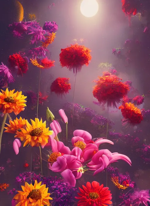 Image similar to An epic fantastic realism comic book style painting of the most beautiful flowers launched into space, bouquets, fisheye lens, unreal 5, DAZ, hyperrealistic, octane render, dynamic lighting