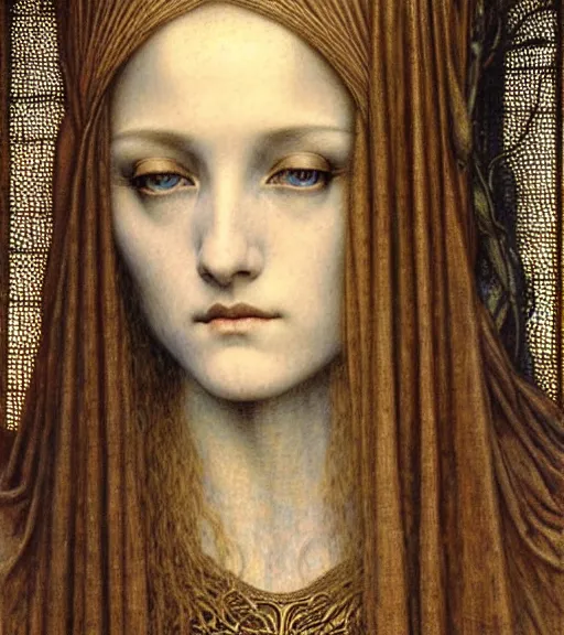 Image similar to detailed realistic beautiful young medieval queen face portrait by jean delville, gustave dore and marco mazzoni, art nouveau, symbolist, visionary, gothic, pre - raphaelite. horizontal symmetry