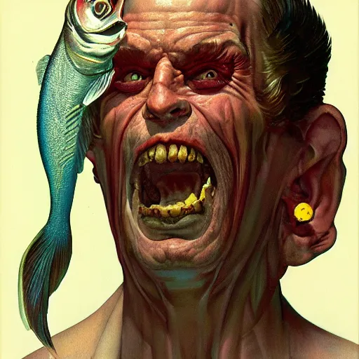 Image similar to upper body portrait of a demonic man with fish eyes, by norman rockwell and boris vallejo, artstation, concept creature character art