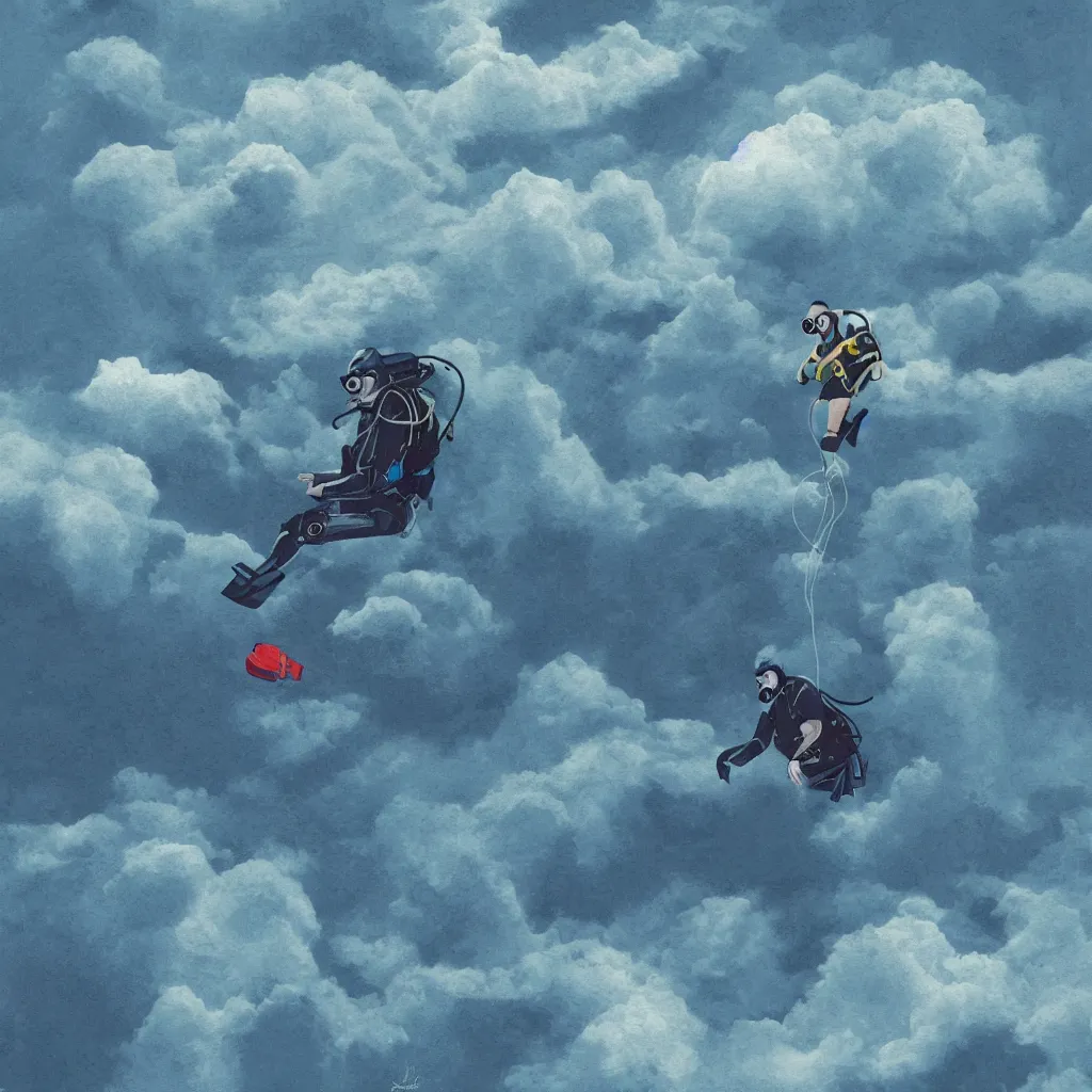 Image similar to a scubadiver floating above the clouds, digital illustration