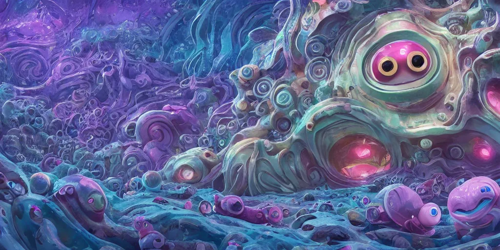 Image similar to of an intricate deep sea with strange cute friendly happy creatures with huge eyes, long tongue, round teeth and goofy funny face, appearing from the background, in the style of gehry and gaudi, macro lens, shallow depth of field, ultra detailed, digital painting, trending artstation, concept art, illustration, cinematic lighting, photorealism, epic, octane render