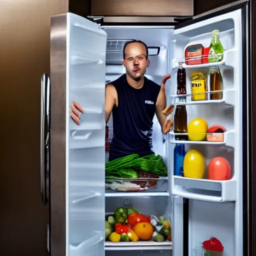 Prompt: man hiding inside of refrigerator