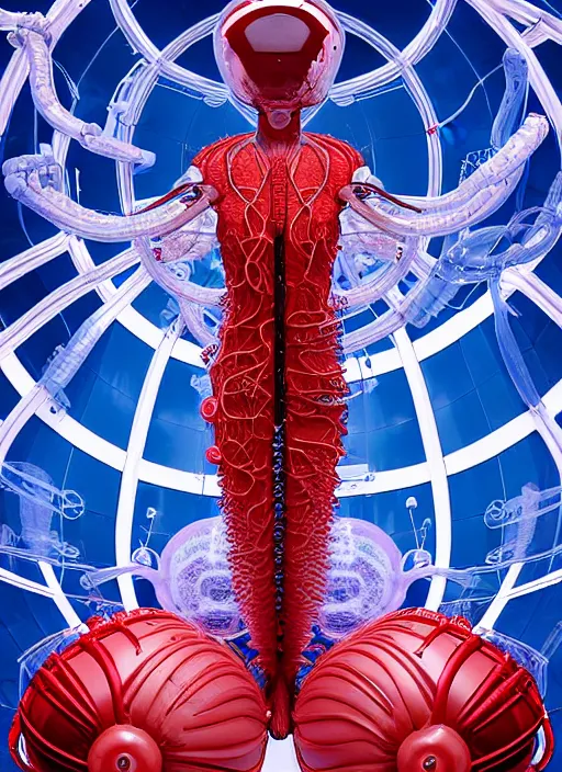 Image similar to background space station, red baroque inflateble dress iris van herpen positing on floor, helmet instead of a head, perfect symmetrical, full body shot, inflateble shapes, wires, tubes, veins, jellyfish, white biomechanical details, wearing epic bionic implants, masterpiece, intricate, biopunk, vogue, highly detailed, artstation, concept art