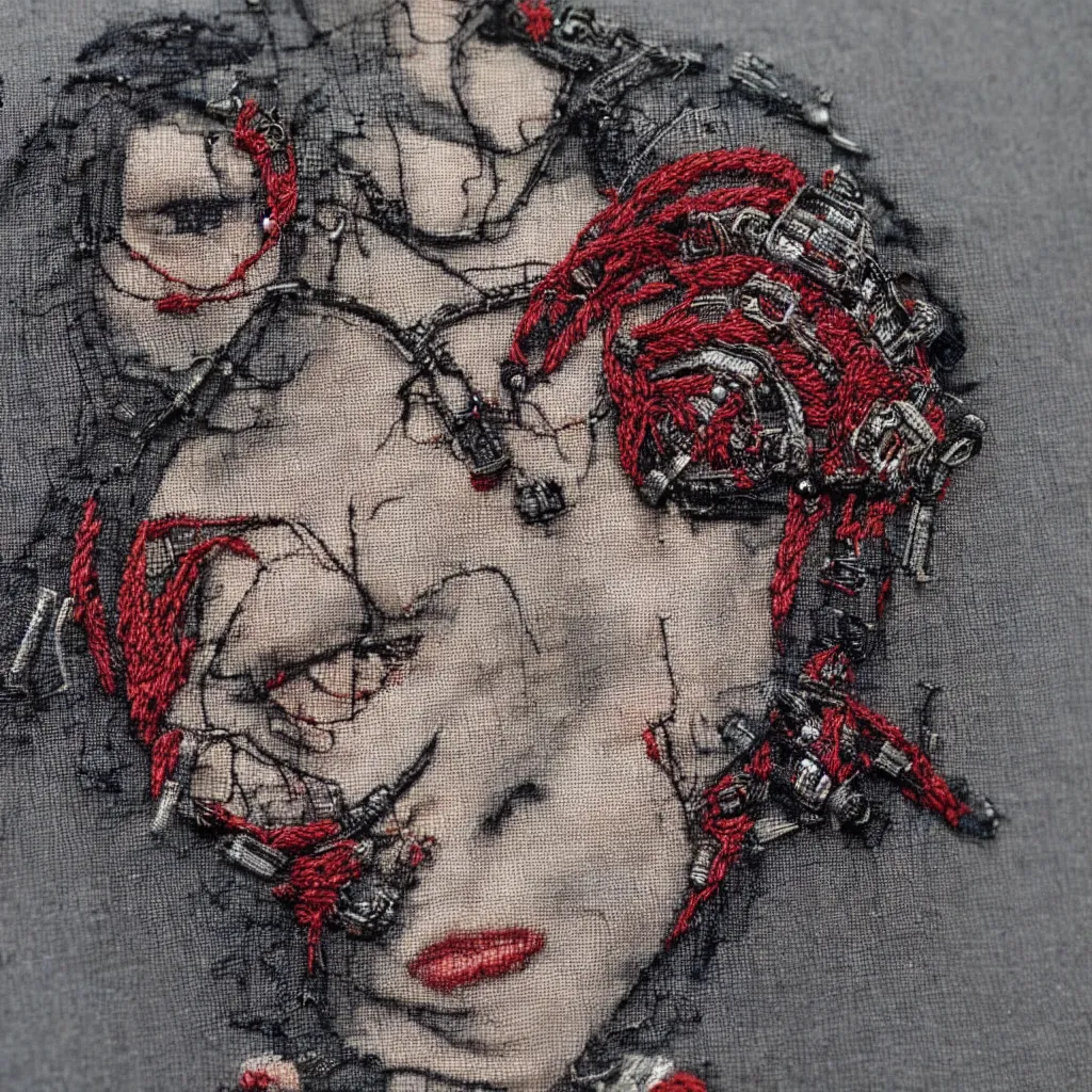 Prompt: detailed embroidery of a cyborg, wow i can't believe the detail of this needlework