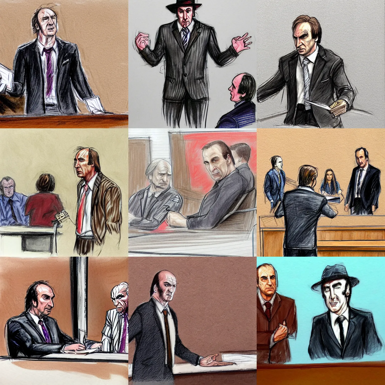 Prompt: Saul Goodman defending Freddy Krueger in court, courtroom sketch