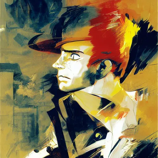 Image similar to portrait of corto maltese dreaming about valparaiso, oil on canvas by dave mckean and yoji shinkawa