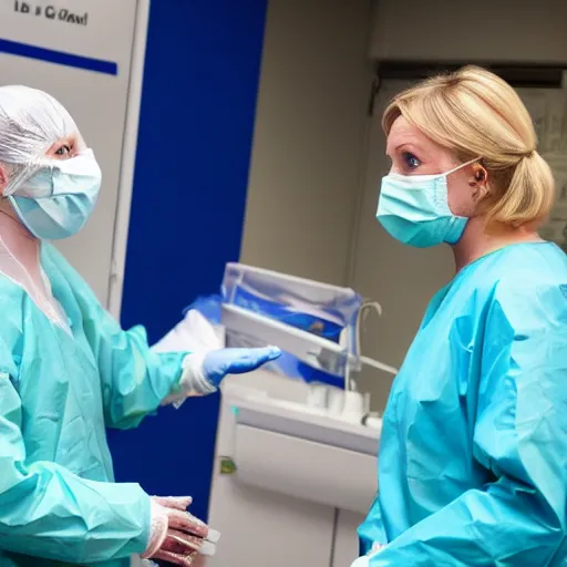 Prompt: an nhs surgeon looks scared of a liz truss demon