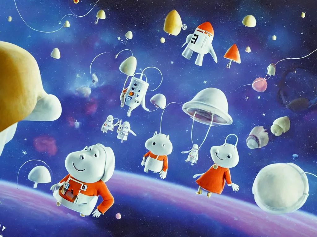Image similar to moomins in space suits flying around with jetpacks discovering the mushroom planet, photorealistic painting, cgi, low volumetric light, movie still, very cute and cozy and fluffy and sweet