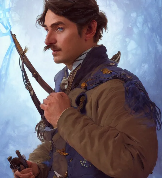 Image similar to candid portrait of a man with brown wavy hair and glowing blue eyes, surrounded by blue aura, wearing a blue traditional colonial military jacket, intricate, holding a spear, highly detailed, digital painting, artstation, concept art, sharp focus, cinematic lighting, illustration, art by artgerm and greg rutkowski, alphonse mucha, cgsociety