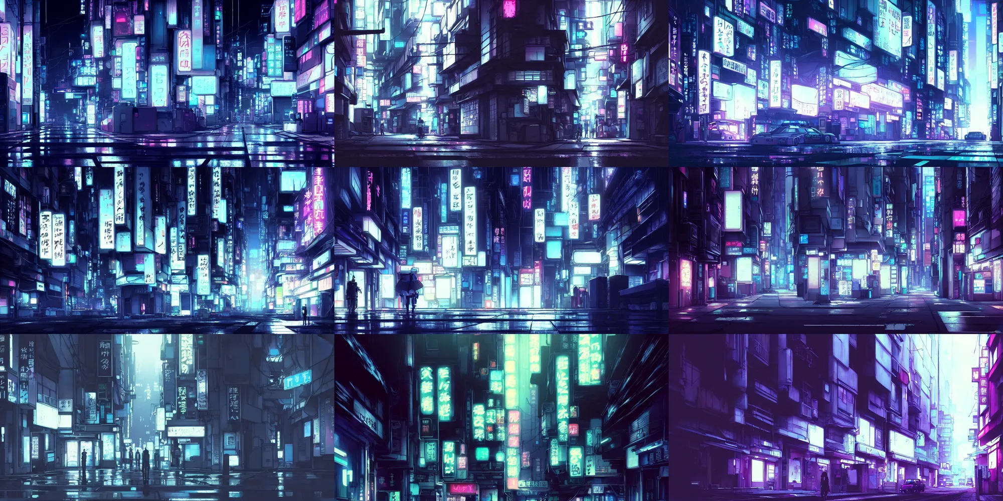 Prompt: intimate intimate close up of a quiet quiet and moody neon noir street in a cyberpunk city, by Shichiro Kobayashi, in the anime series ghost in the shell, by makoto shinkai, hazy and dreary, artstation trending