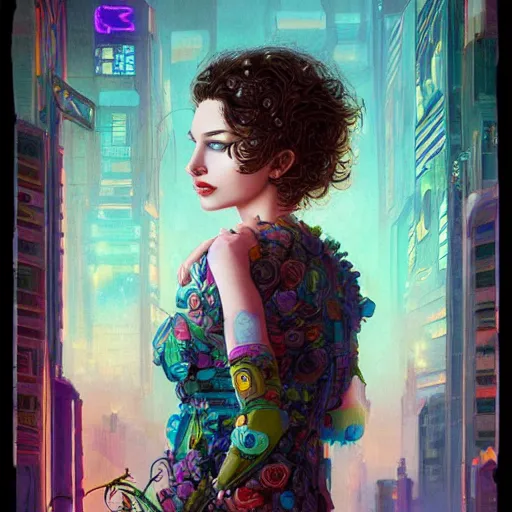 Image similar to Lofi cyberpunk portrait beautiful woman with short brown curly hair, roman face, Romanesque, unicorn, rainbow, floral, Pixar style, Tristan Eaton, Stanley Artgerm, Tom Bagshaw