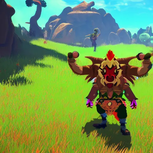 Image similar to A nightmare clown Minotaur, in the style of The Legend of Zelda: Breath of the Wild