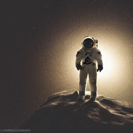 Image similar to photograph of an astronaut against the pitch black darkness of space, nothing behind, full body photo, amazing light and shadow contrast,, 8 k