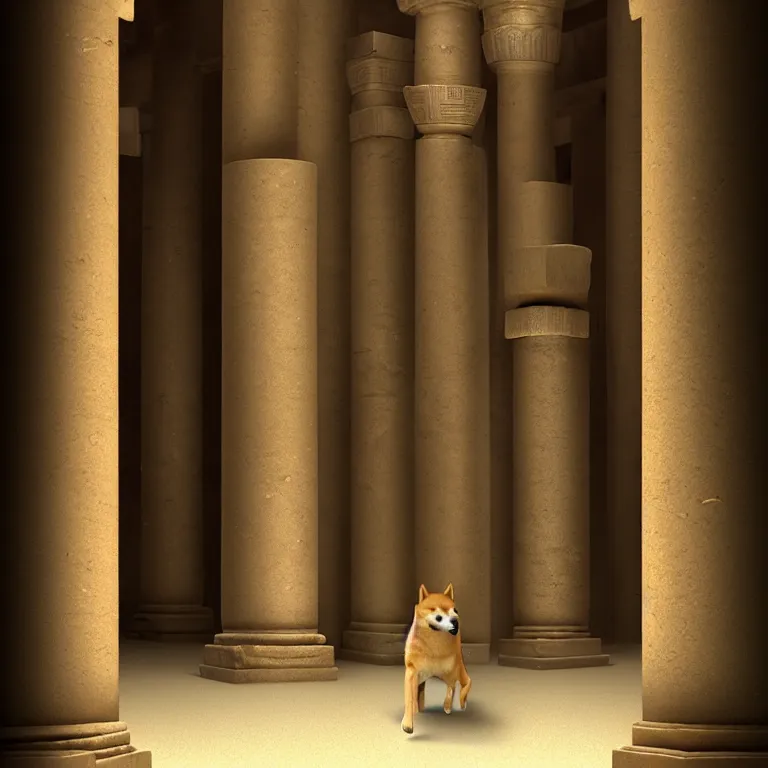 Prompt: a Shiba Inu walking through an ancient egyptian temple, dreamlike atmosphere, symmetrical baroque painting, perfect composition, beautiful detailed intricate high detailed octane trending on Artstation, 8K fine art photography, photorealistic, soft natural volumetric cinematic perfect light , chiaroscuro, award- winning photography, masterpiece, Raphael, Caravaggio, Greg Rutkowski, Beeple