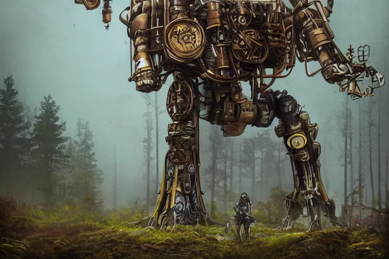 Prompt: steampunk colossal mech standing in a swedish forest, very low angle photograph, trending on artstation, realistic, soft colors, simon stålenhag