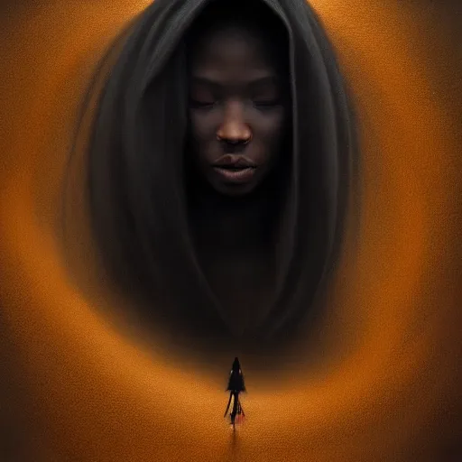 Image similar to a portrait of a young black woman wearing a long dark cloak, hood and shadows covering face, anatomically correct, beautiful perfect face, enigmatic, oil painting, matte painting, black background, Volumetric dynamic lighting, Highly Detailed, Cinematic Lighting, Unreal Engine, 8k, HD, by Beksinski