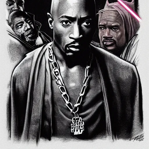 Image similar to Tupac Shakur as Mace Windu, highly detailed lucasfilm concept art from 1990s, 8k, movie still, high contrast