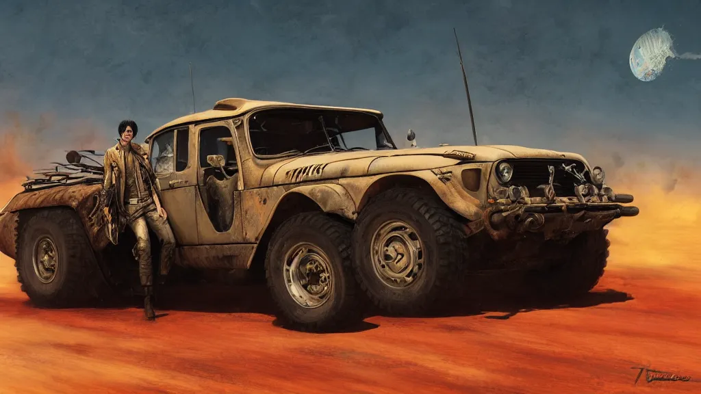 Image similar to illustration of mad max's fj 4 0 pursuit special, the last v 8 interceptor driving down to the gates of valhalla highway, fury road, eternal shiny and chrome, world of fire and blood, by makoto shinkai, ilya kuvshinov, lois van baarle, rossdraws, basquiat, studio ghibli, global illumination ray tracing hdr