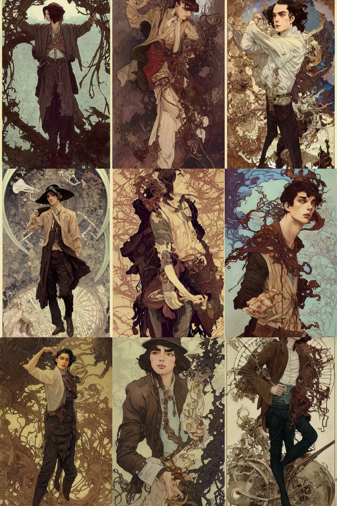 Prompt: thin young male alchemist, long dark hair, 1 9 2 0 s fashion, fantasy, highly detailed, intricate, smooth, art by joseph leyendecker, peter mohrbacher, ruan jia, marc simonetti, ayami kojima, cedric peyravernay, alphonse mucha, yuuki morita, victo ngai