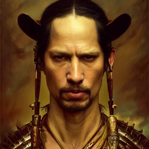 Image similar to highly detailed oil painting | very intricate | cinematic lighting | award - winning | the voodoo samurai in full armor | by roberto ferri, by tom bagshaw, by j. c. leyendecker and klimt, beautiful cinematic light, american romanticism, by austin osman spare, artstation, cgsociety, official art, octane