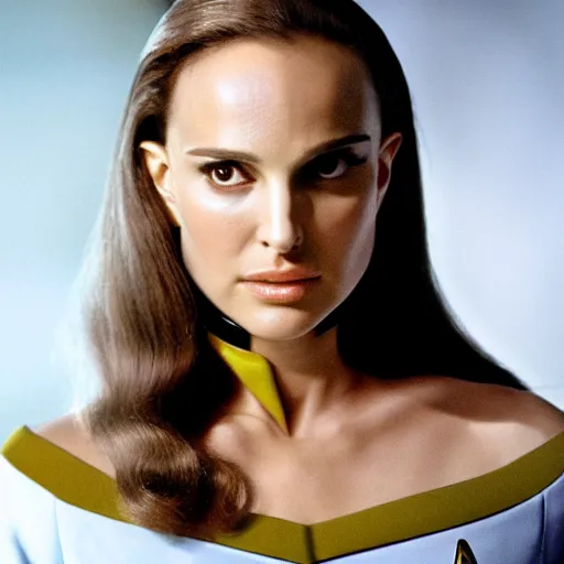 Image similar to Natalie Portman in Star Trek, 3/4 view, (EOS 5DS R, ISO100, f/8, 1/125, 84mm, postprocessed, crisp face, facial features)