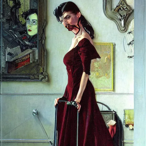 Image similar to portrait of an urban female vampire, with an unusual sense of fashion, by donato giancola and norman rockwell.