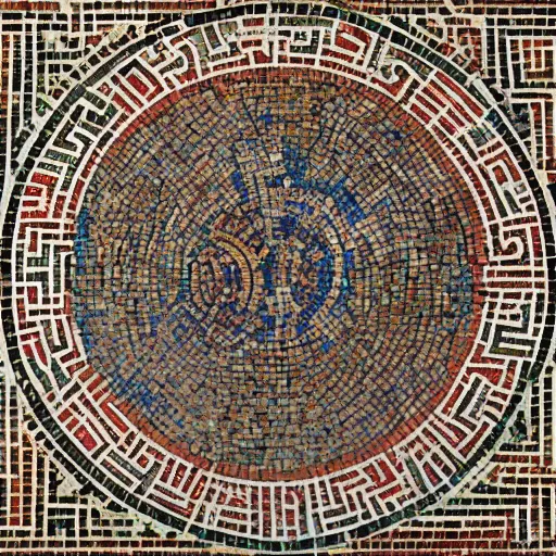 Image similar to medium shot Mosaic depicting a labyrinth, from Italica, AD 176-275. Archaeological Museum, Seville. Byzantine mosaics, highly detailed, HQ, HD, beautiful, National Geographic,
