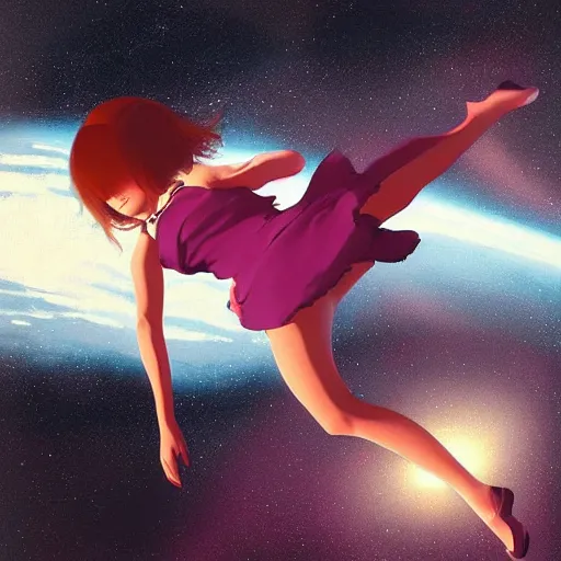 Image similar to ilya kuvshinov art of a woman floating in space